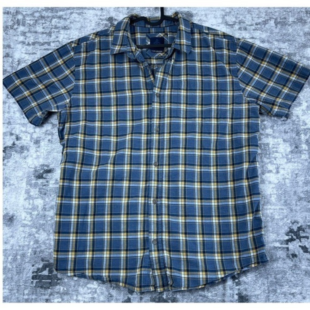 PrAna Organic Cotton Shirt Men's‎ XL Blue Yellow Plaid Short Sleeve Button Down